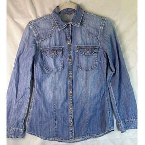 Eddie Bauer Womens Denim Shirt Long Sleeve Button Up Blue Cotton XS